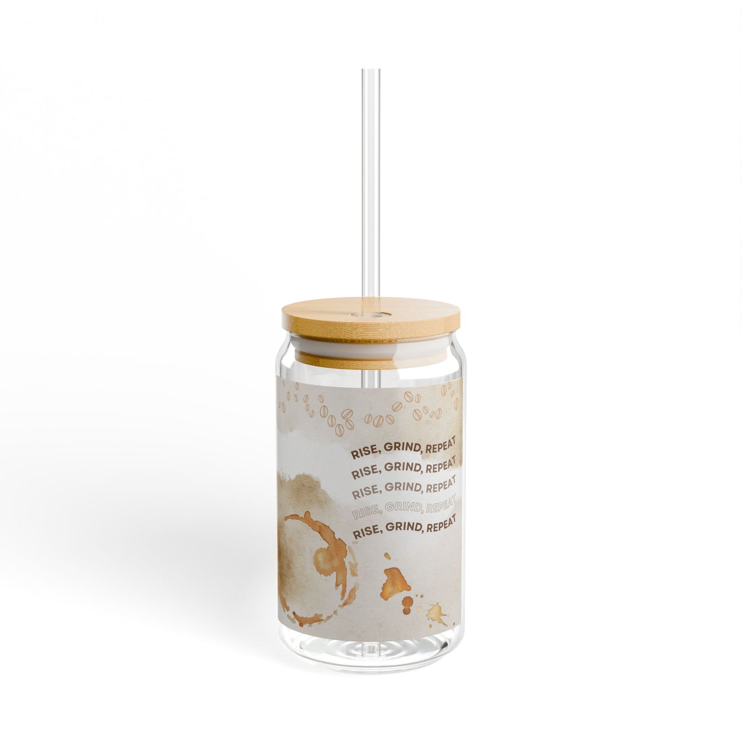 Rise, Grind, Repeat Sipper Glass, 16oz - Cute Tea Lover Tumbler with Straw
