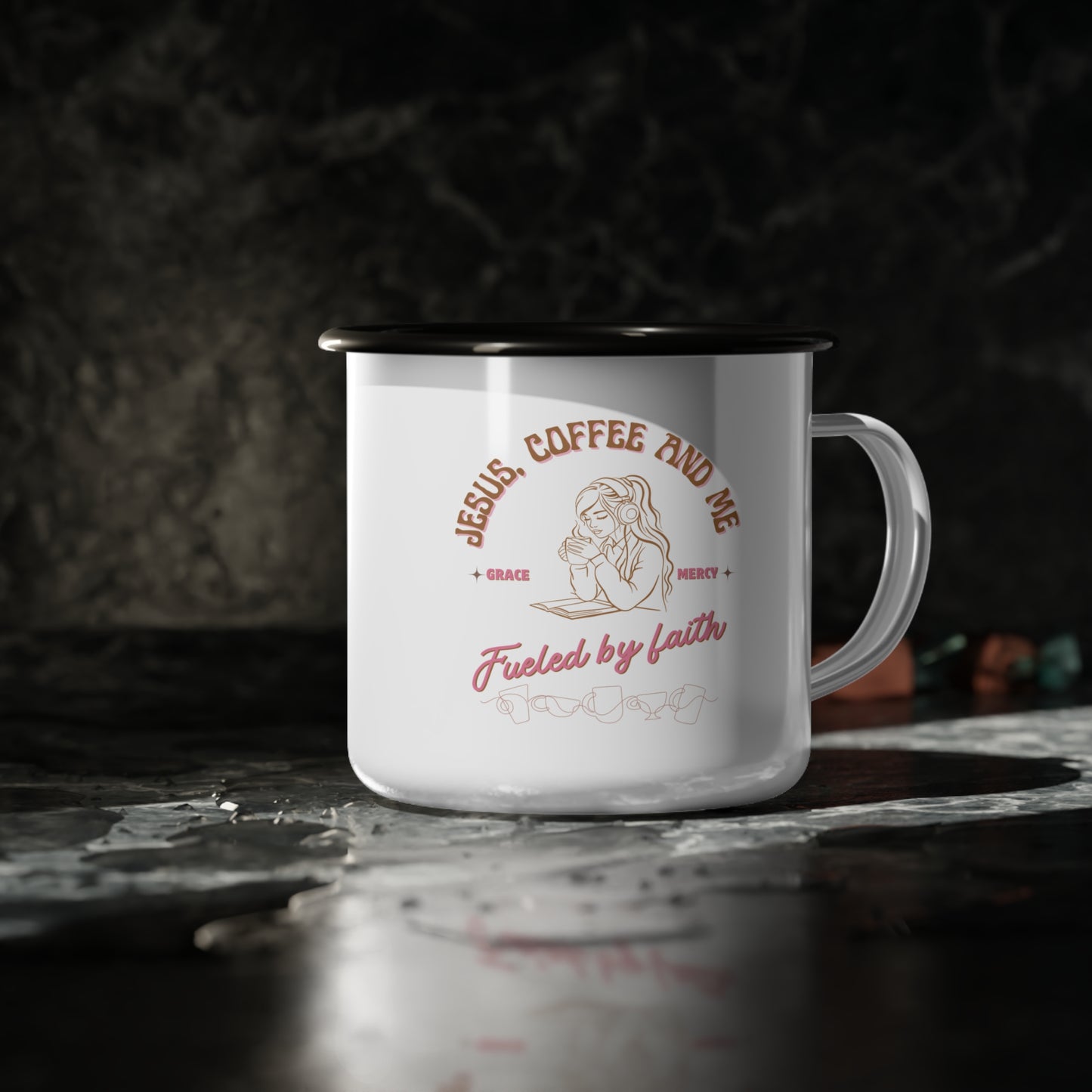 Fueled by Faith Enamel Camp Cup - "Jesus, Coffee, and Me" - Perfect for Faith Lovers