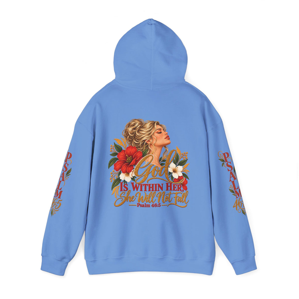 Blonde Woman Psalm 46:5 'She Will Not Fall' Hoodie – Floral Faith Women’s Pullover