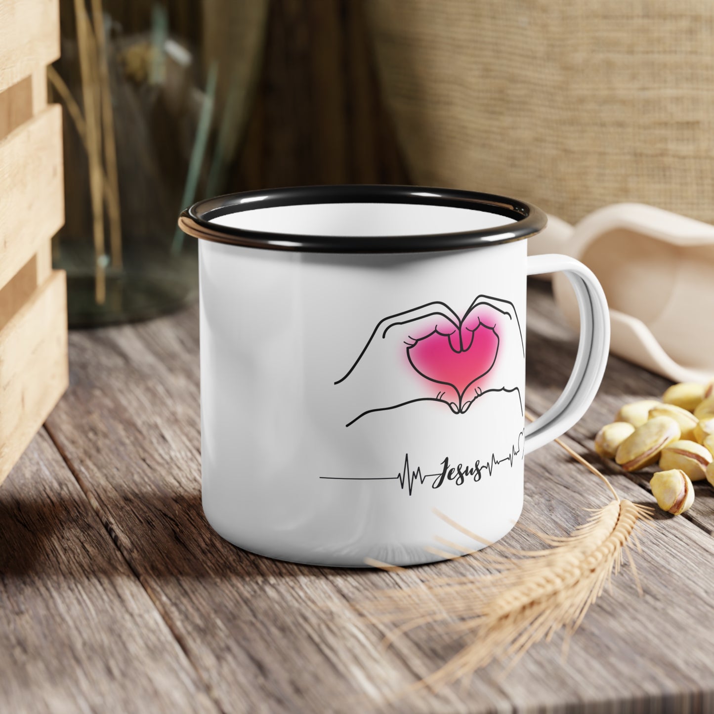 Jesus Enamel Camp Cup - "Jesus, Coffee, and Me" - Perfect for Faith Lovers