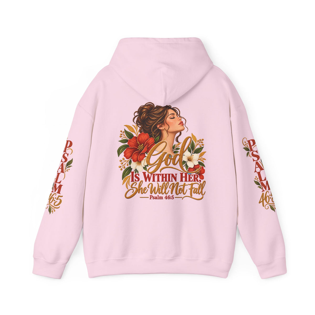 Brunette Woman Psalm 46:5 'She Will Not Fall' Hoodie – Floral Faith Women’s Pullover