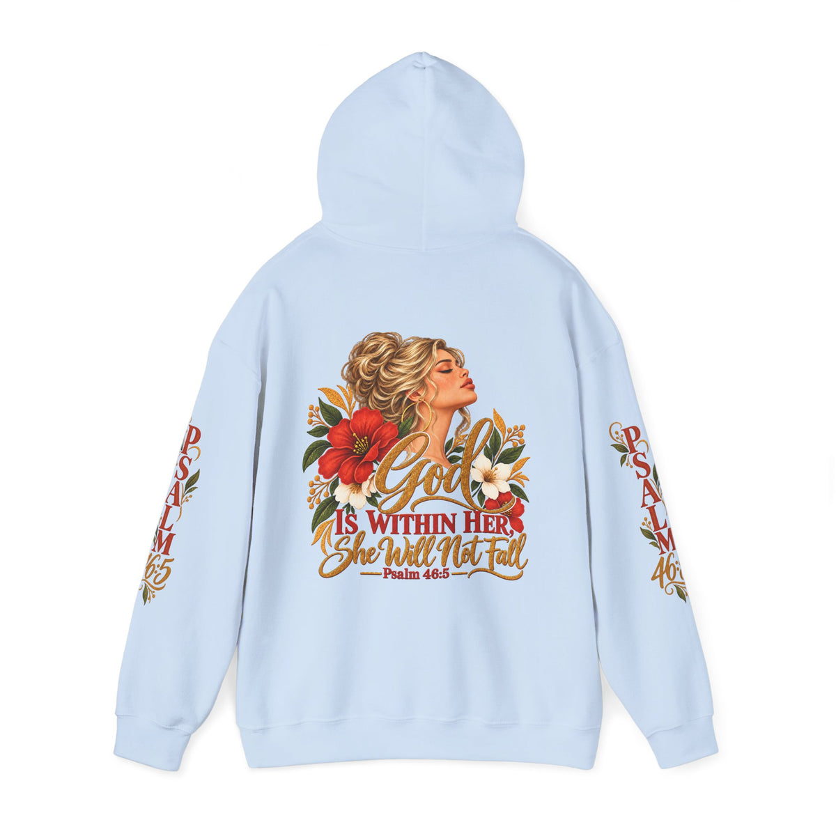 Blonde Woman Psalm 46:5 'She Will Not Fall' Hoodie – Floral Faith Women’s Pullover