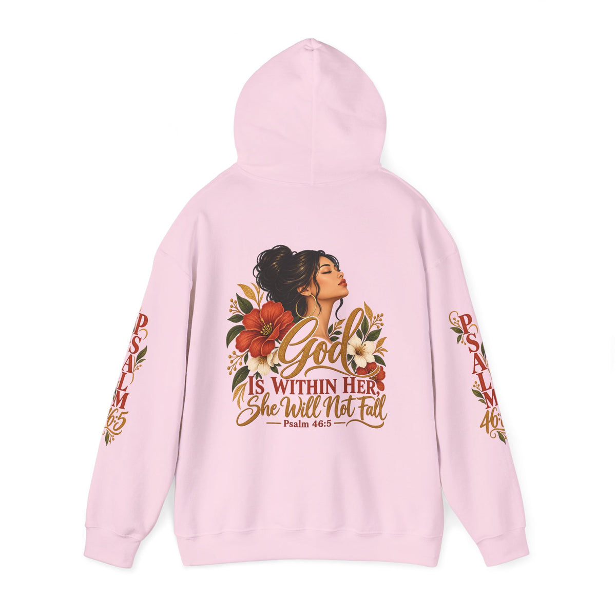 Copy of Brunette Woman Psalm 46:5 'She Will Not Fall' Hoodie – Floral Faith Women’s Pullover