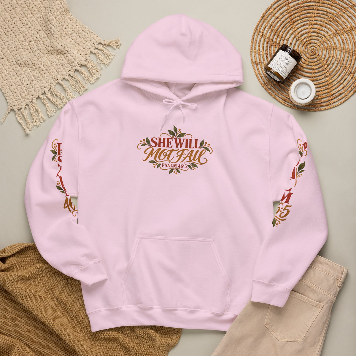 Brunette Woman Psalm 46:5 'She Will Not Fall' Hoodie – Floral Faith Women’s Pullover
