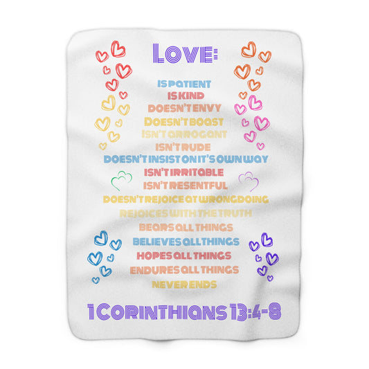 1 Corinthians 13:4-8 Sherpa Fleece Blanket - Love is Patient, Kind, Heart Design