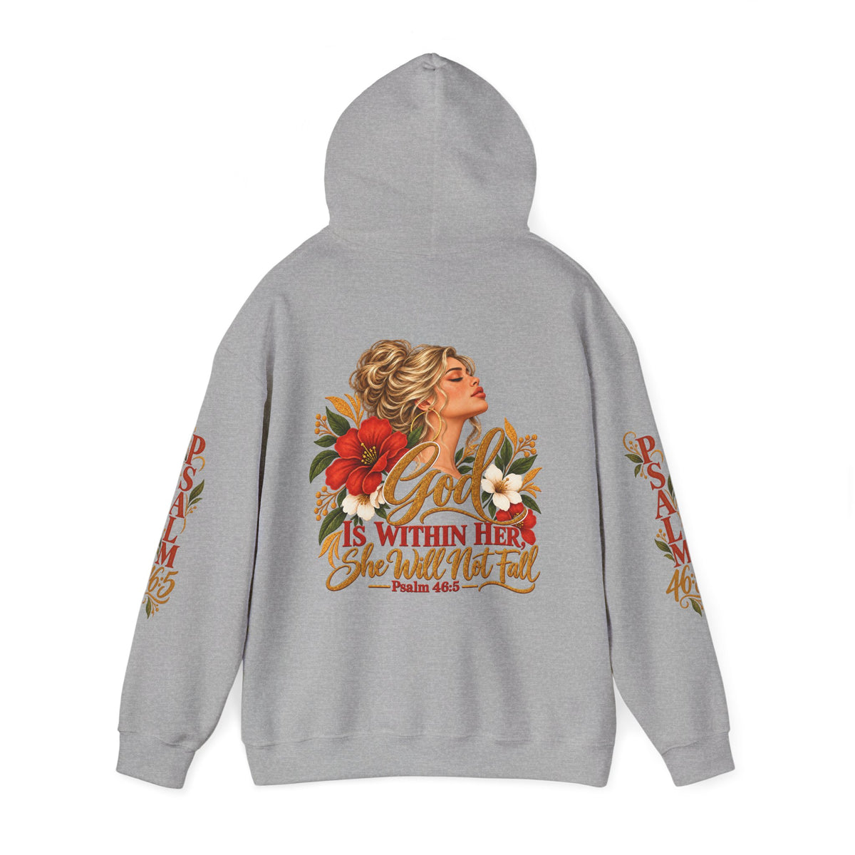 Blonde Woman Psalm 46:5 'She Will Not Fall' Hoodie – Floral Faith Women’s Pullover