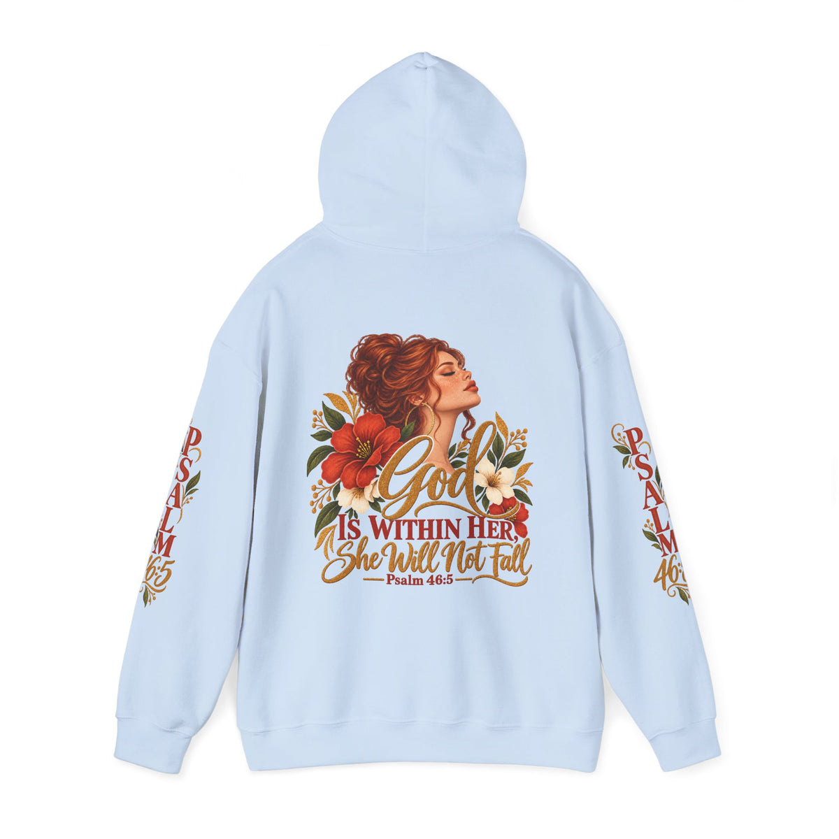 Auburn Woman Psalm 46:5 'She Will Not Fall' Hoodie – Floral Faith Women’s Pullover