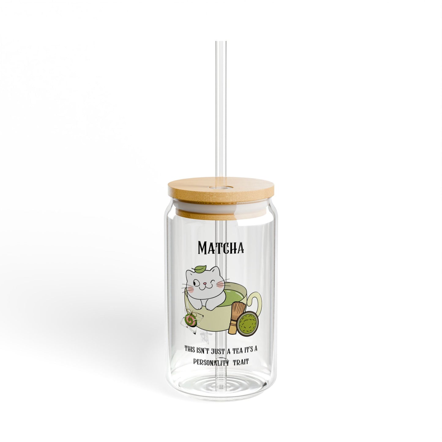 Matcha Cat Sipper Glass, 16oz - Cute Tea Lover Tumbler with Straw