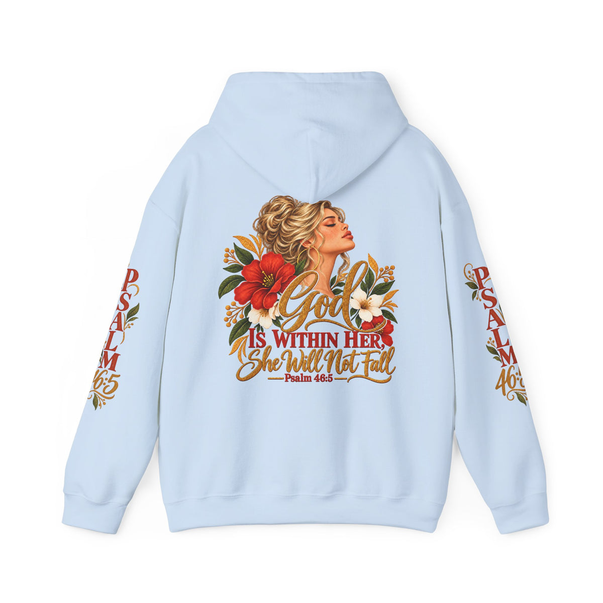 Blonde Woman Psalm 46:5 'She Will Not Fall' Hoodie – Floral Faith Women’s Pullover