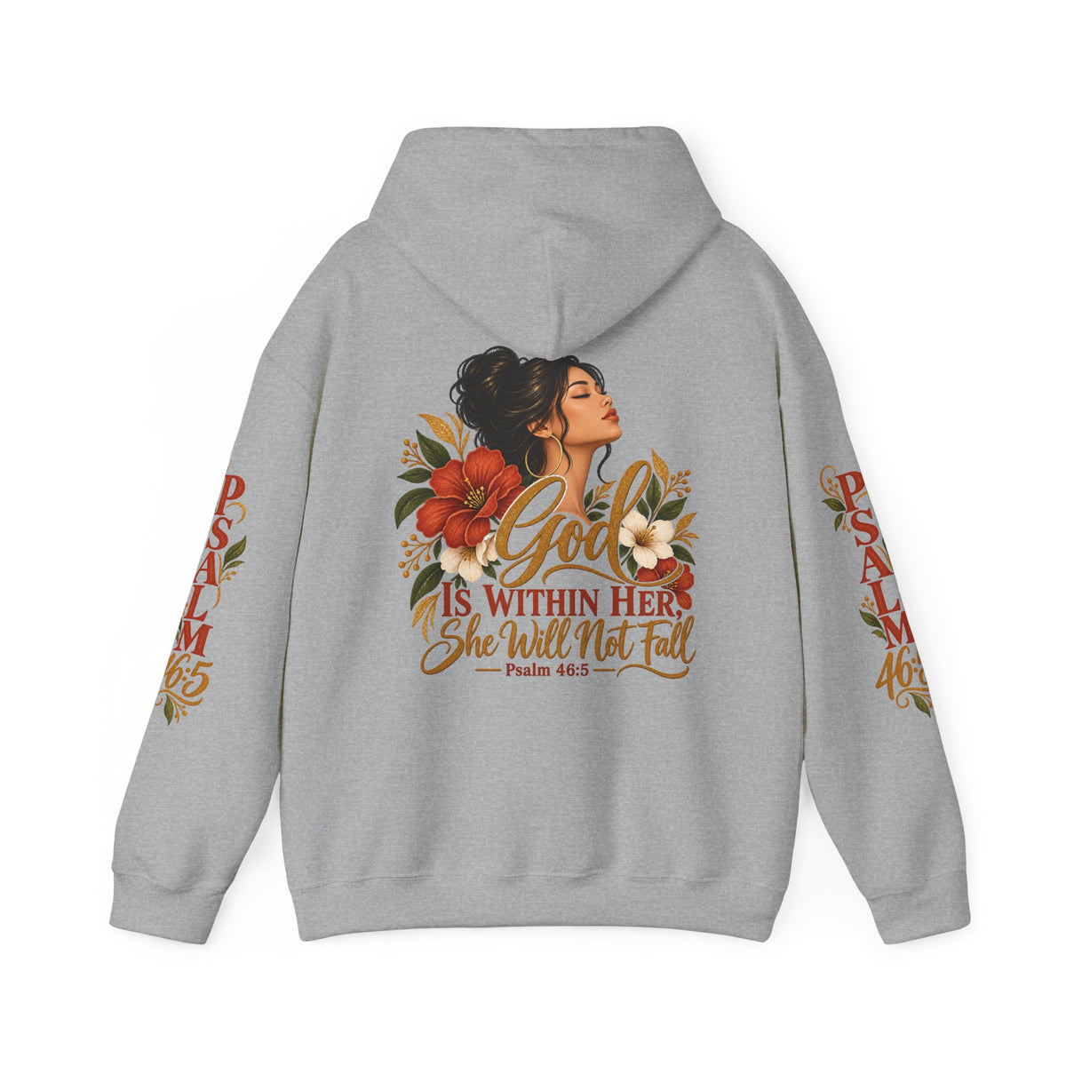 Copy of Brunette Woman Psalm 46:5 'She Will Not Fall' Hoodie – Floral Faith Women’s Pullover