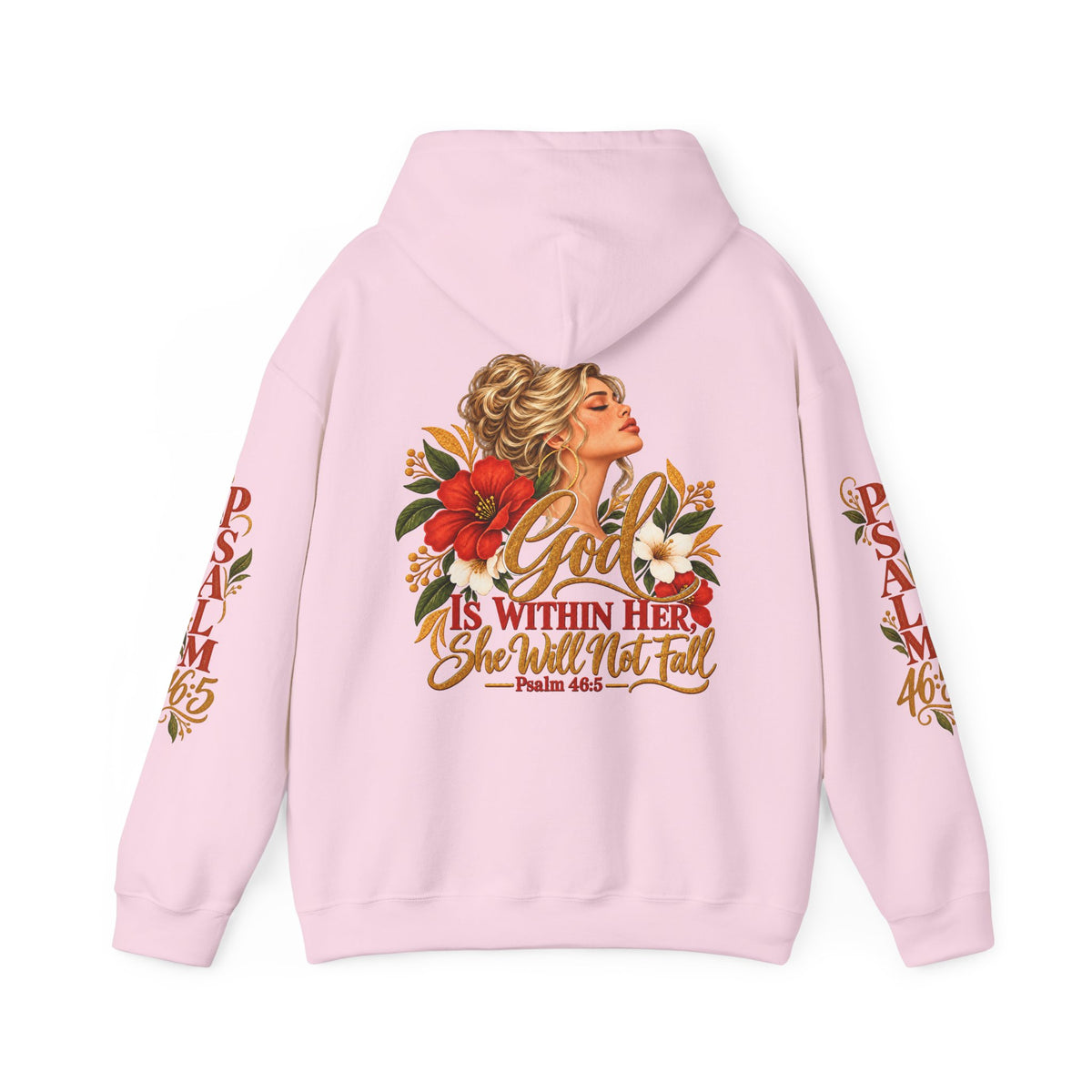 Blonde Woman Psalm 46:5 'She Will Not Fall' Hoodie – Floral Faith Women’s Pullover