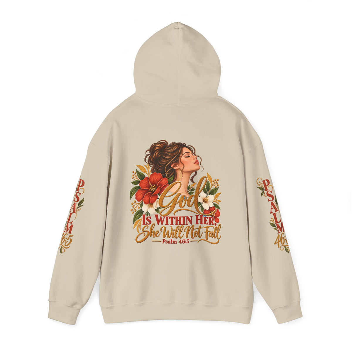 Brunette Woman Psalm 46:5 'She Will Not Fall' Hoodie – Floral Faith Women’s Pullover
