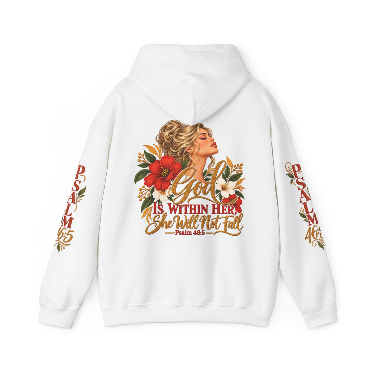 Blonde Woman Psalm 46:5 'She Will Not Fall' Hoodie – Floral Faith Women’s Pullover