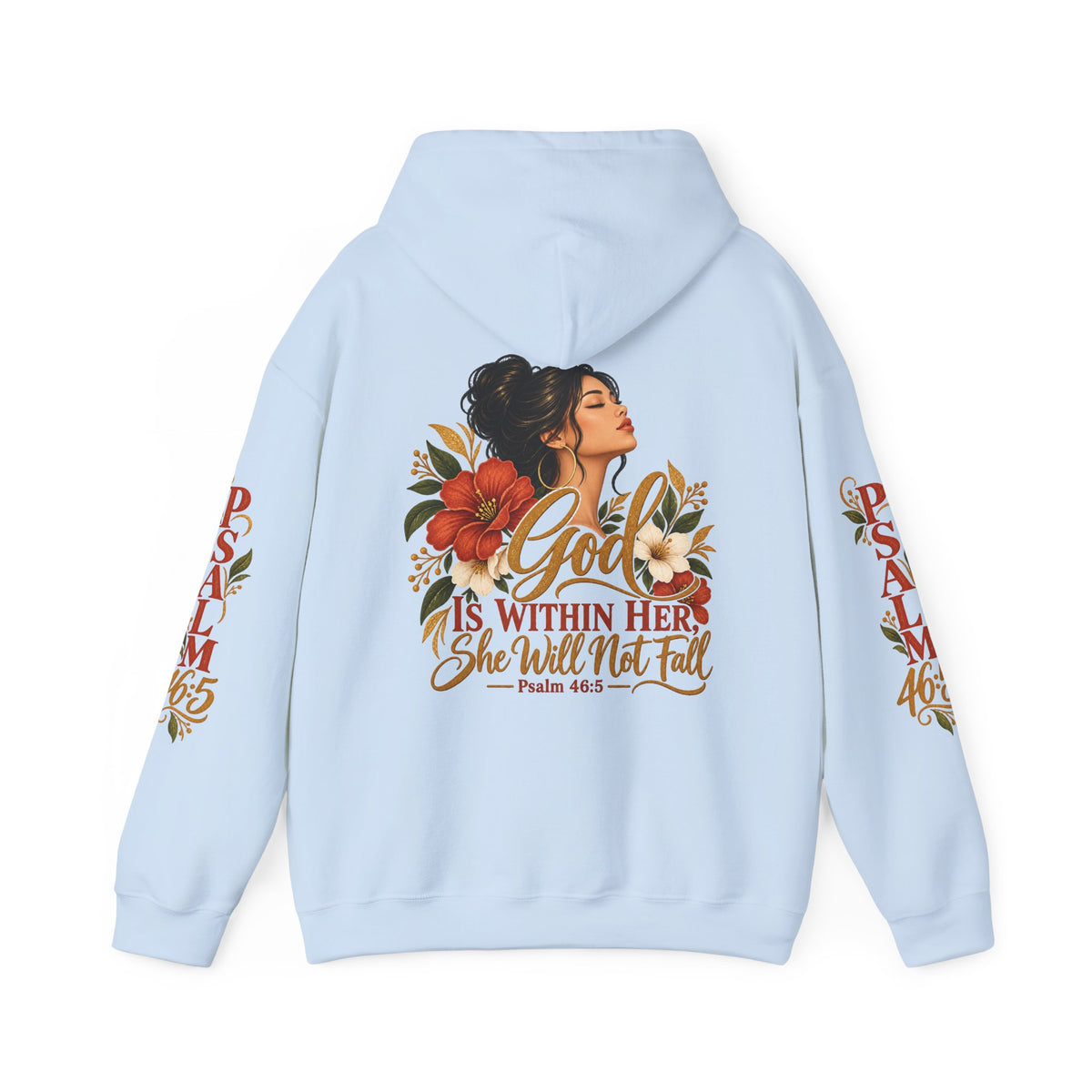 Copy of Brunette Woman Psalm 46:5 'She Will Not Fall' Hoodie – Floral Faith Women’s Pullover