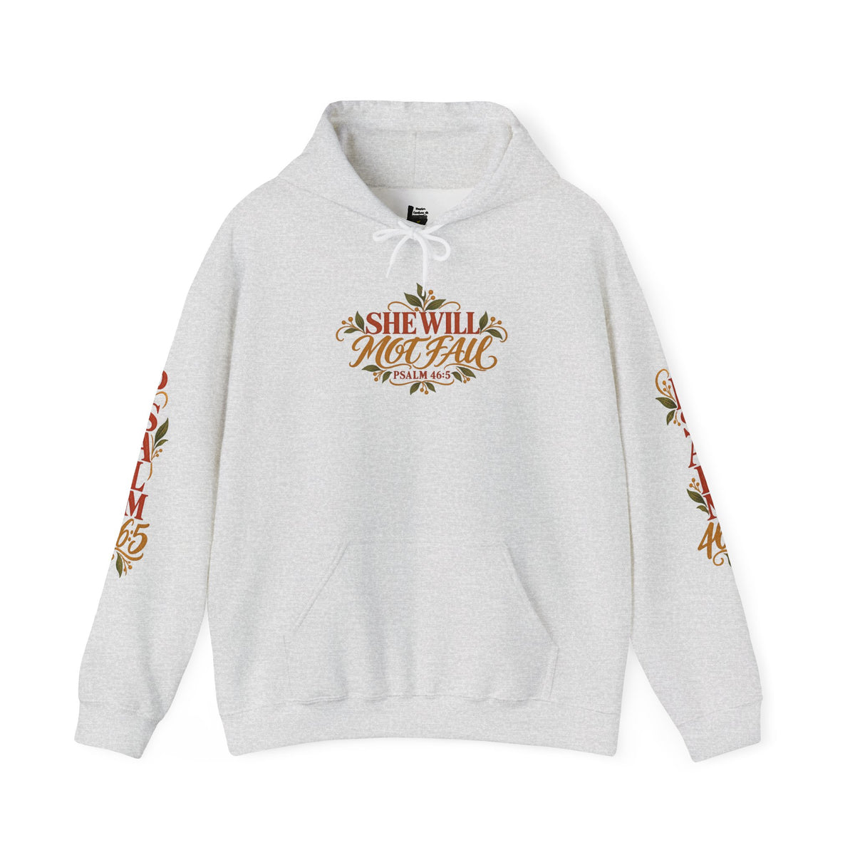 Copy of Brunette Woman Psalm 46:5 'She Will Not Fall' Hoodie – Floral Faith Women’s Pullover