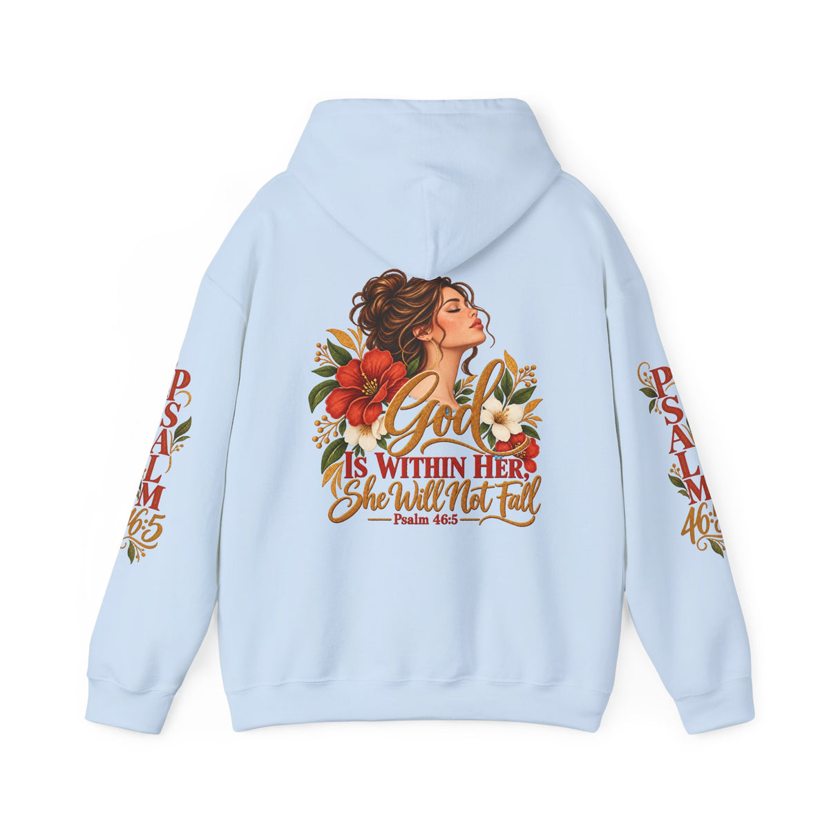 Brunette Woman Psalm 46:5 'She Will Not Fall' Hoodie – Floral Faith Women’s Pullover