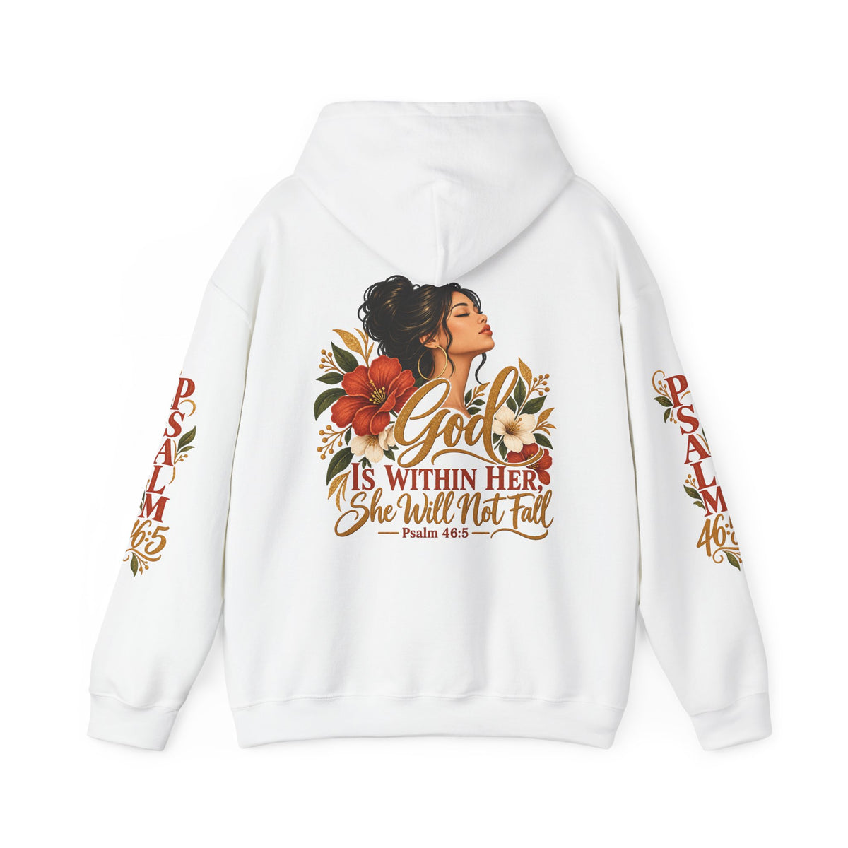 Copy of Brunette Woman Psalm 46:5 'She Will Not Fall' Hoodie – Floral Faith Women’s Pullover