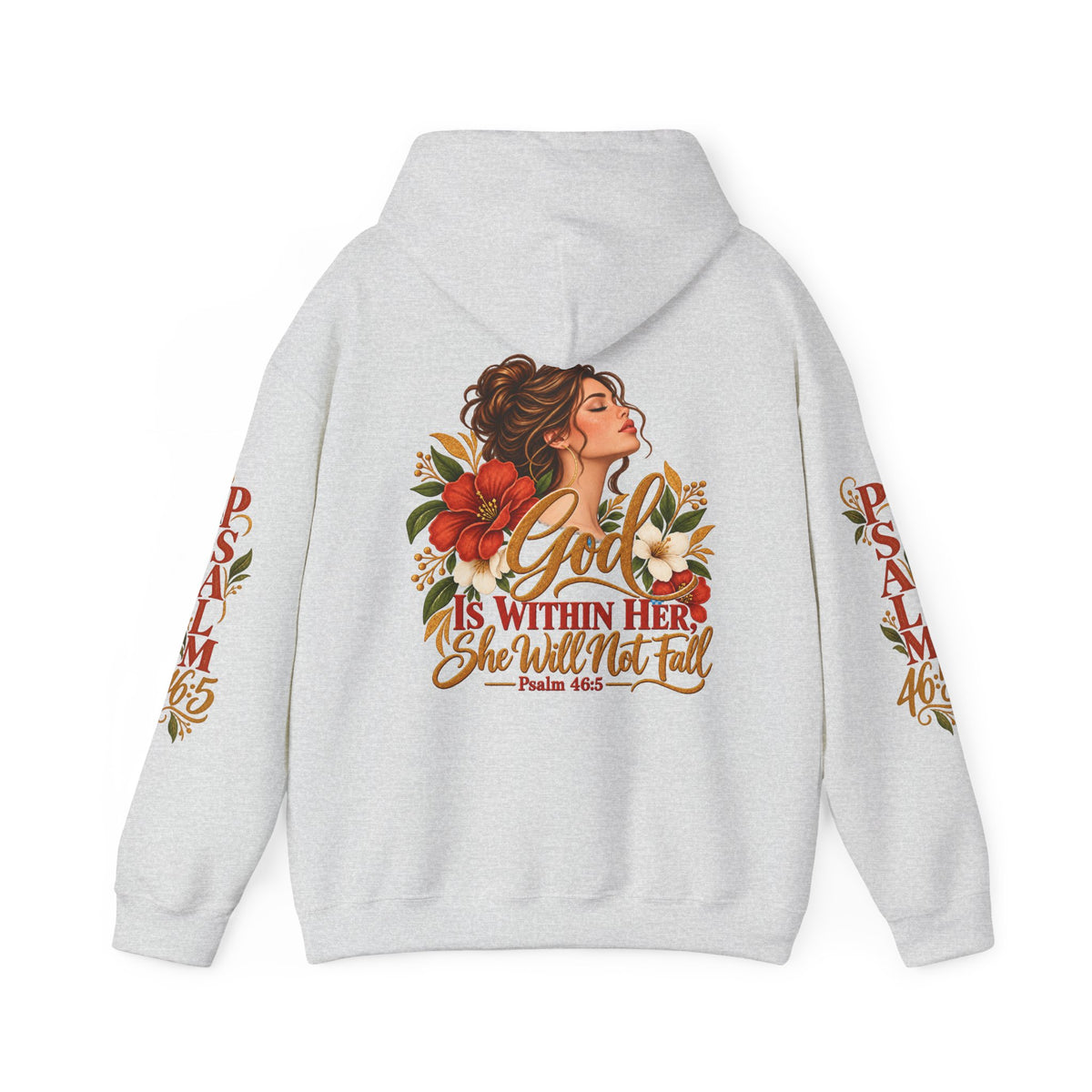 Brunette Woman Psalm 46:5 'She Will Not Fall' Hoodie – Floral Faith Women’s Pullover