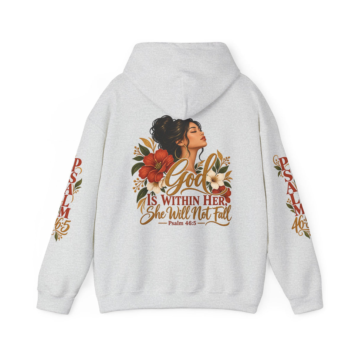 Copy of Brunette Woman Psalm 46:5 'She Will Not Fall' Hoodie – Floral Faith Women’s Pullover