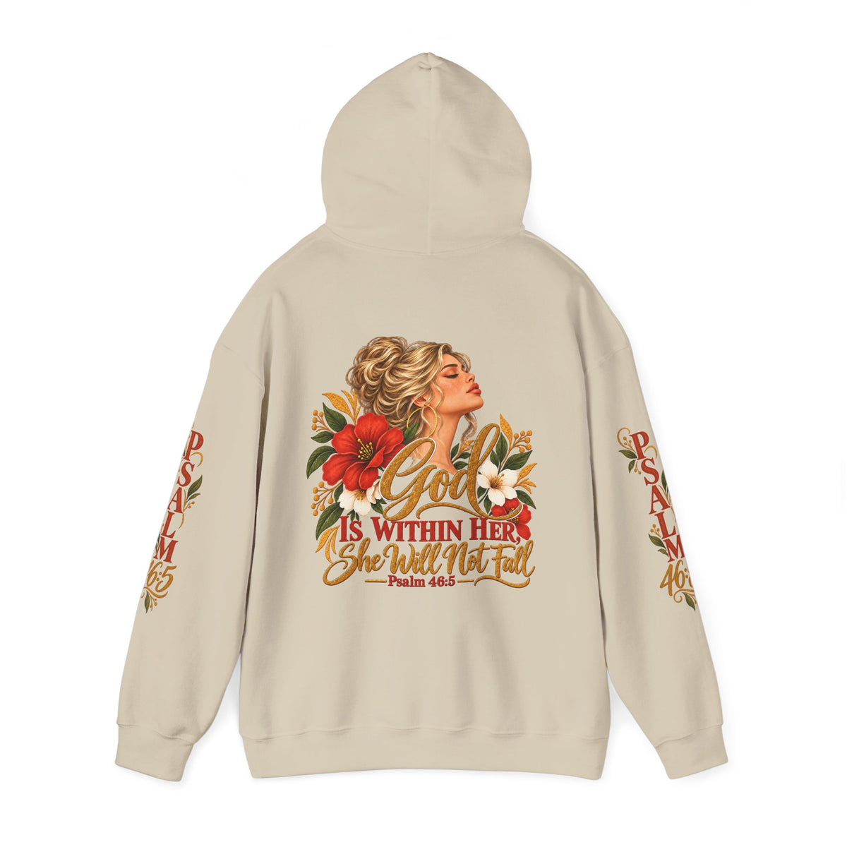 Blonde Woman Psalm 46:5 'She Will Not Fall' Hoodie – Floral Faith Women’s Pullover