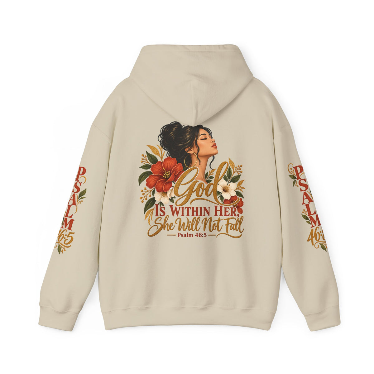 Copy of Brunette Woman Psalm 46:5 'She Will Not Fall' Hoodie – Floral Faith Women’s Pullover