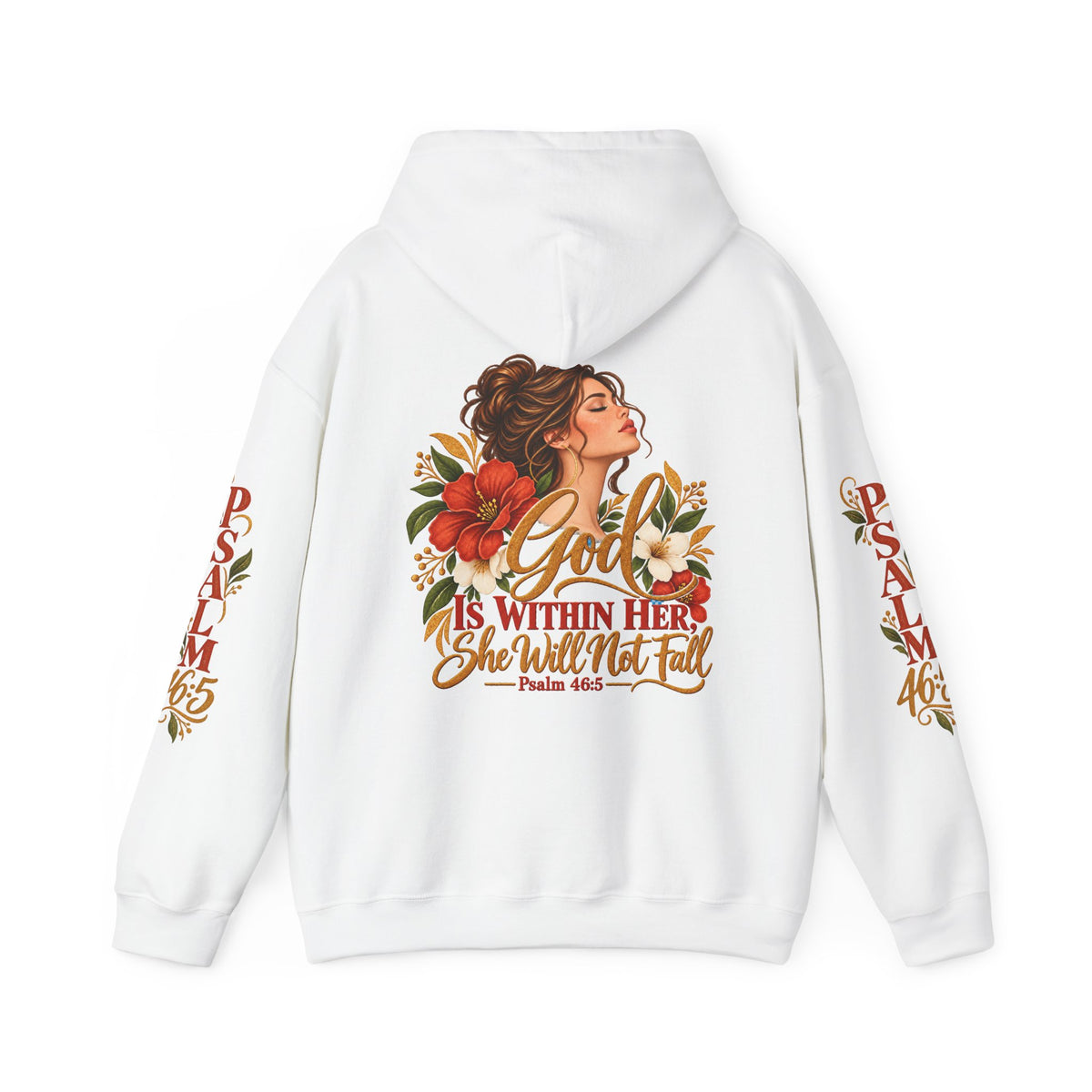 Brunette Woman Psalm 46:5 'She Will Not Fall' Hoodie – Floral Faith Women’s Pullover