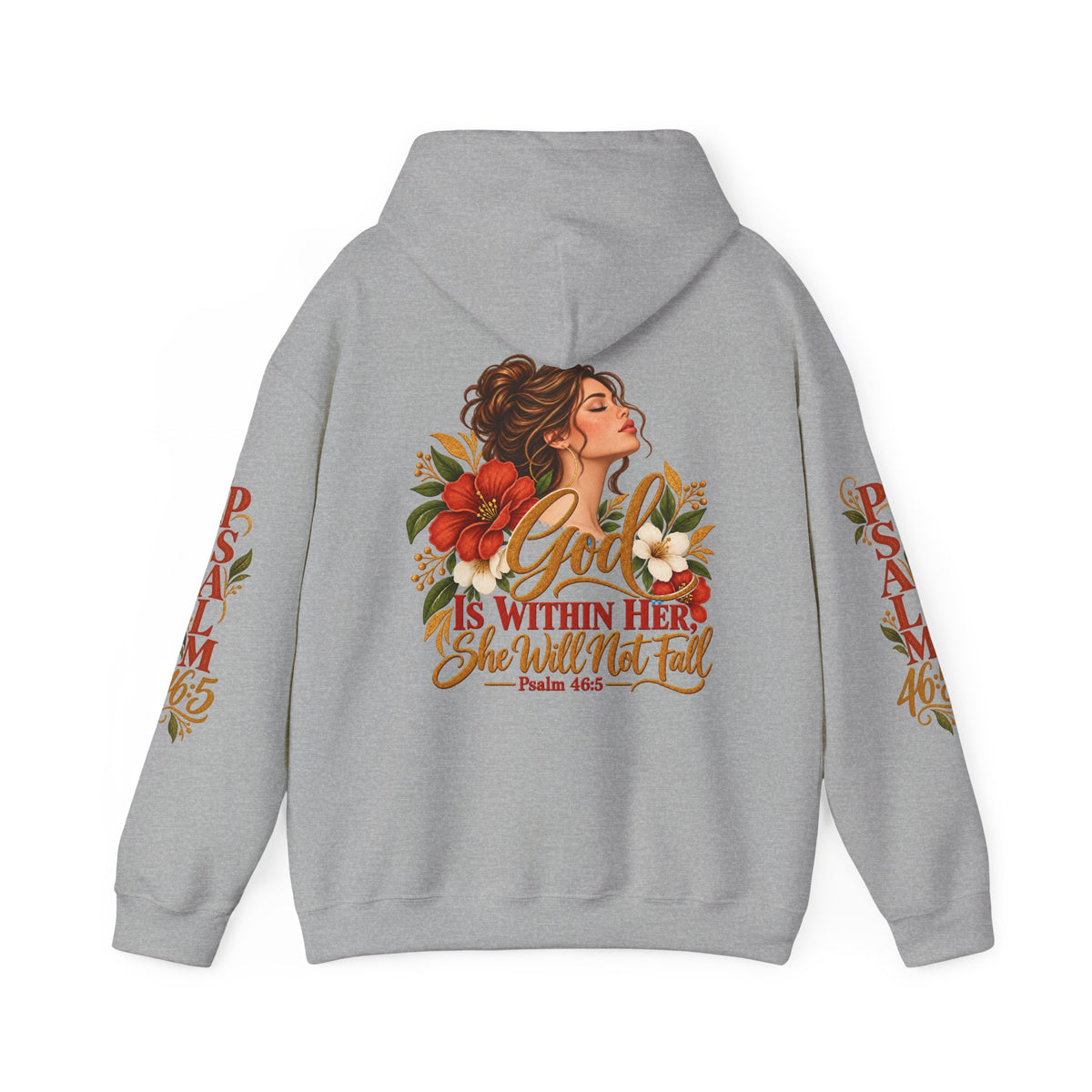 Brunette Woman Psalm 46:5 'She Will Not Fall' Hoodie – Floral Faith Women’s Pullover