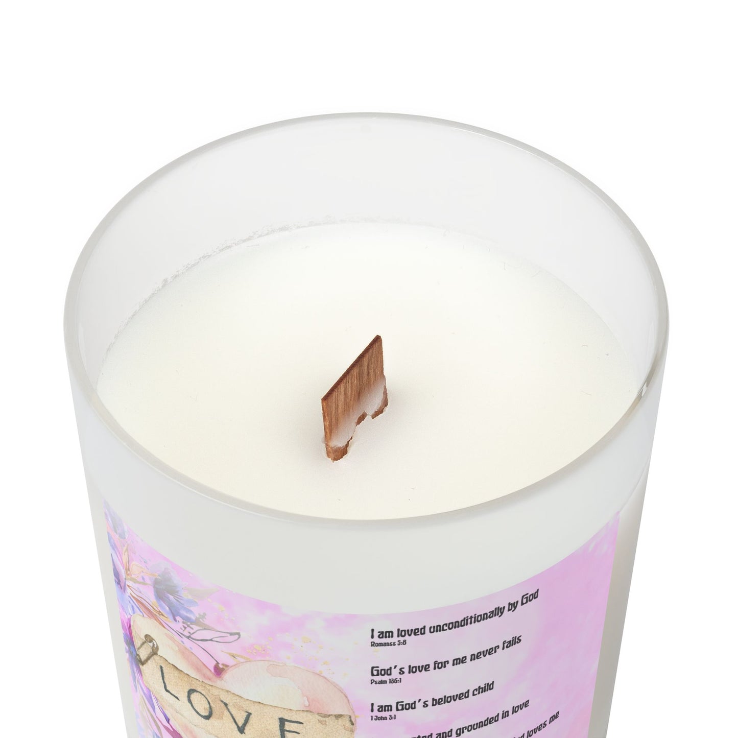 Love Affirmation with Scripture References Cinnamon Chai Candle — Frosted Glass 11oz (Biblical Affirmations, Watercolor Flowers)