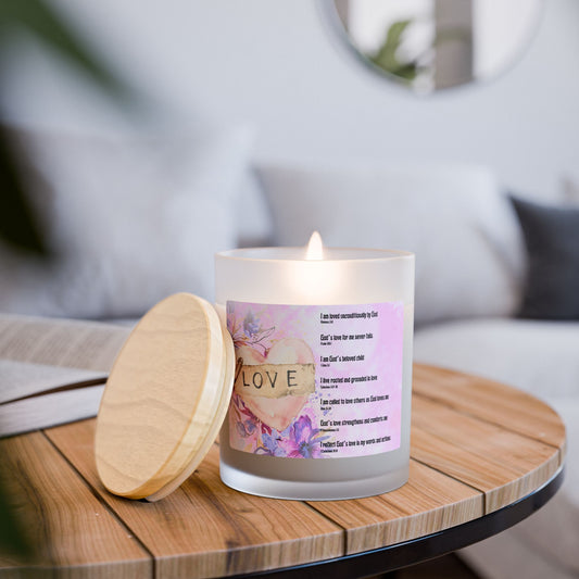 Love Affirmation with Scripture References Cinnamon Chai Candle — Frosted Glass 11oz (Biblical Affirmations, Watercolor Flowers)