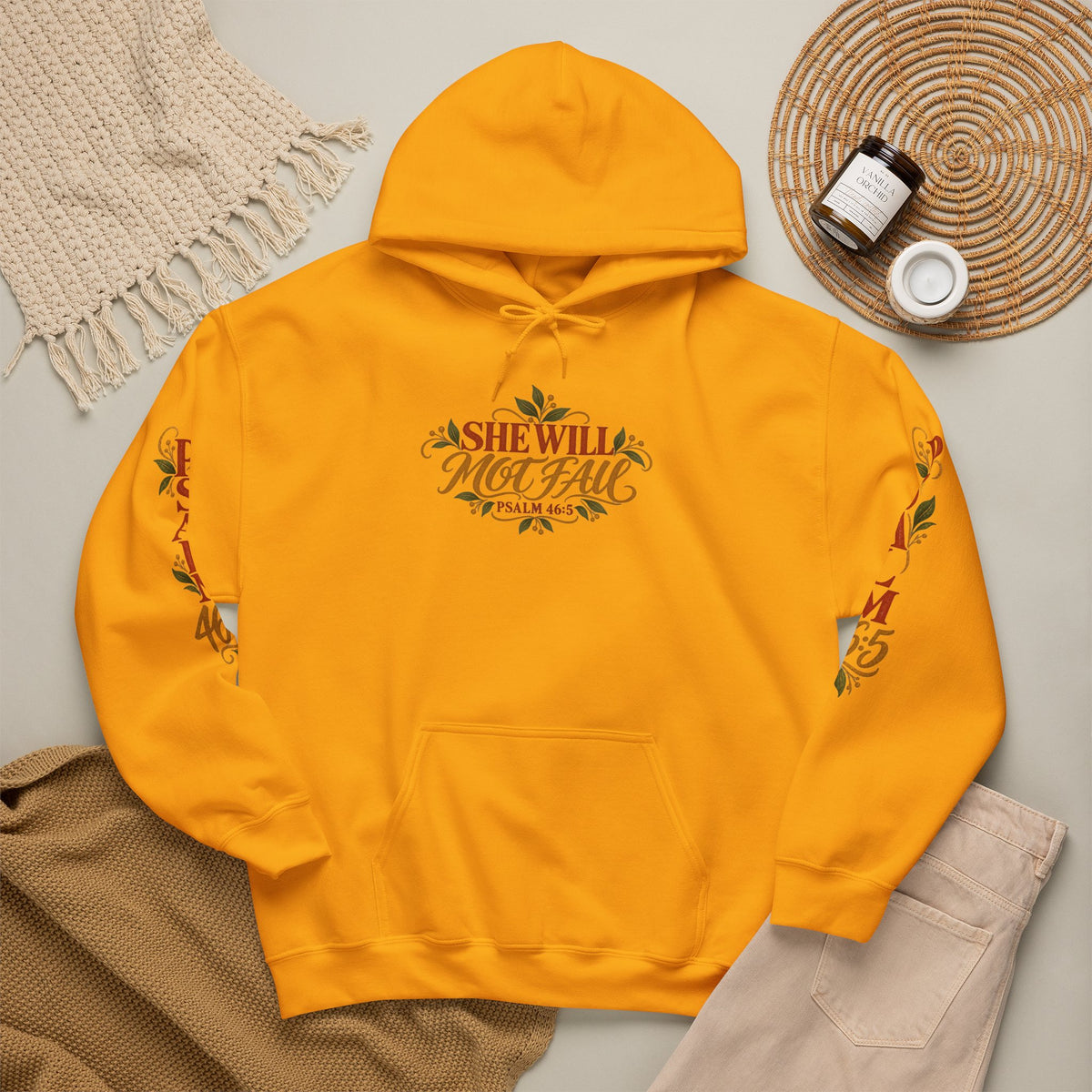 Copy of Brunette Woman Psalm 46:5 'She Will Not Fall' Hoodie – Floral Faith Women’s Pullover