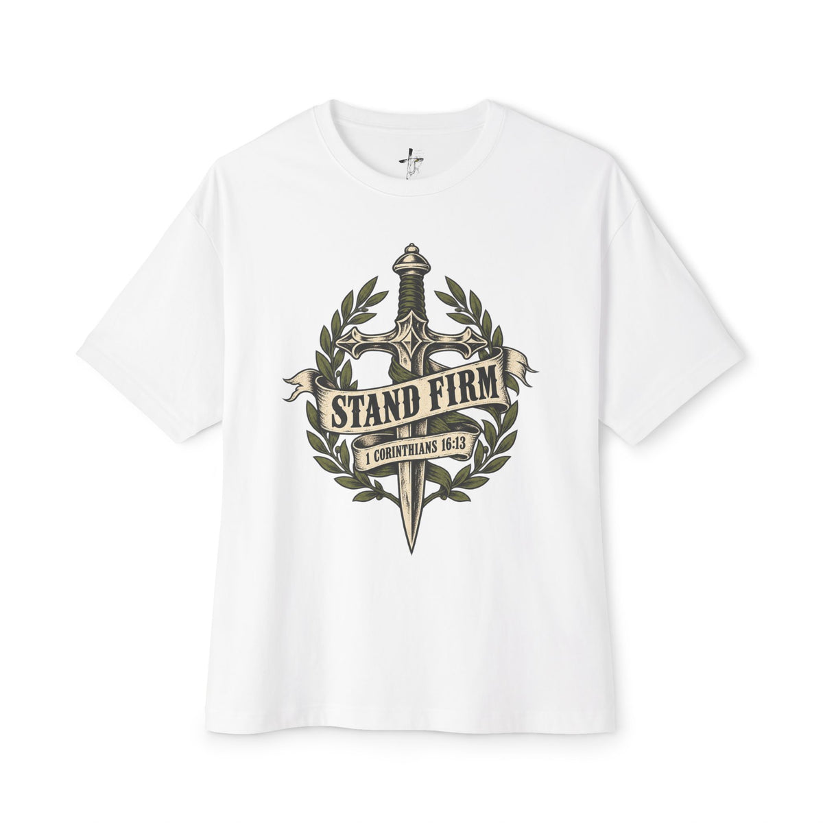 Stand Firm Sword Tee — Christian Faith Graphic T-Shirt (1 Corinthians 16:13)