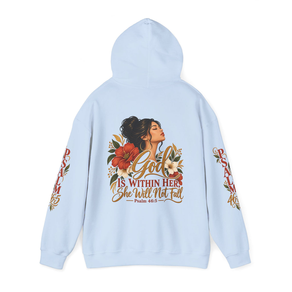 Copy of Brunette Woman Psalm 46:5 'She Will Not Fall' Hoodie – Floral Faith Women’s Pullover