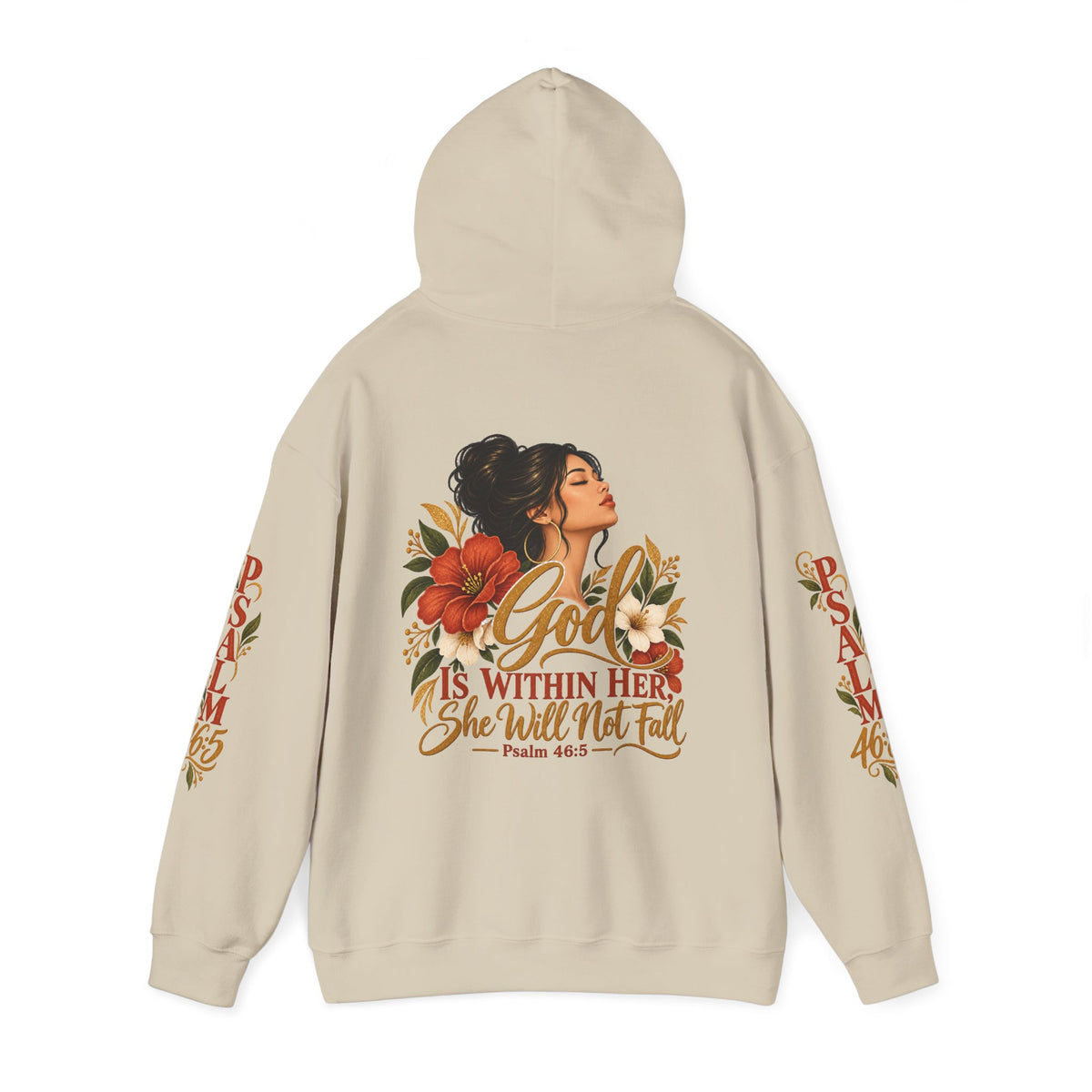Copy of Brunette Woman Psalm 46:5 'She Will Not Fall' Hoodie – Floral Faith Women’s Pullover
