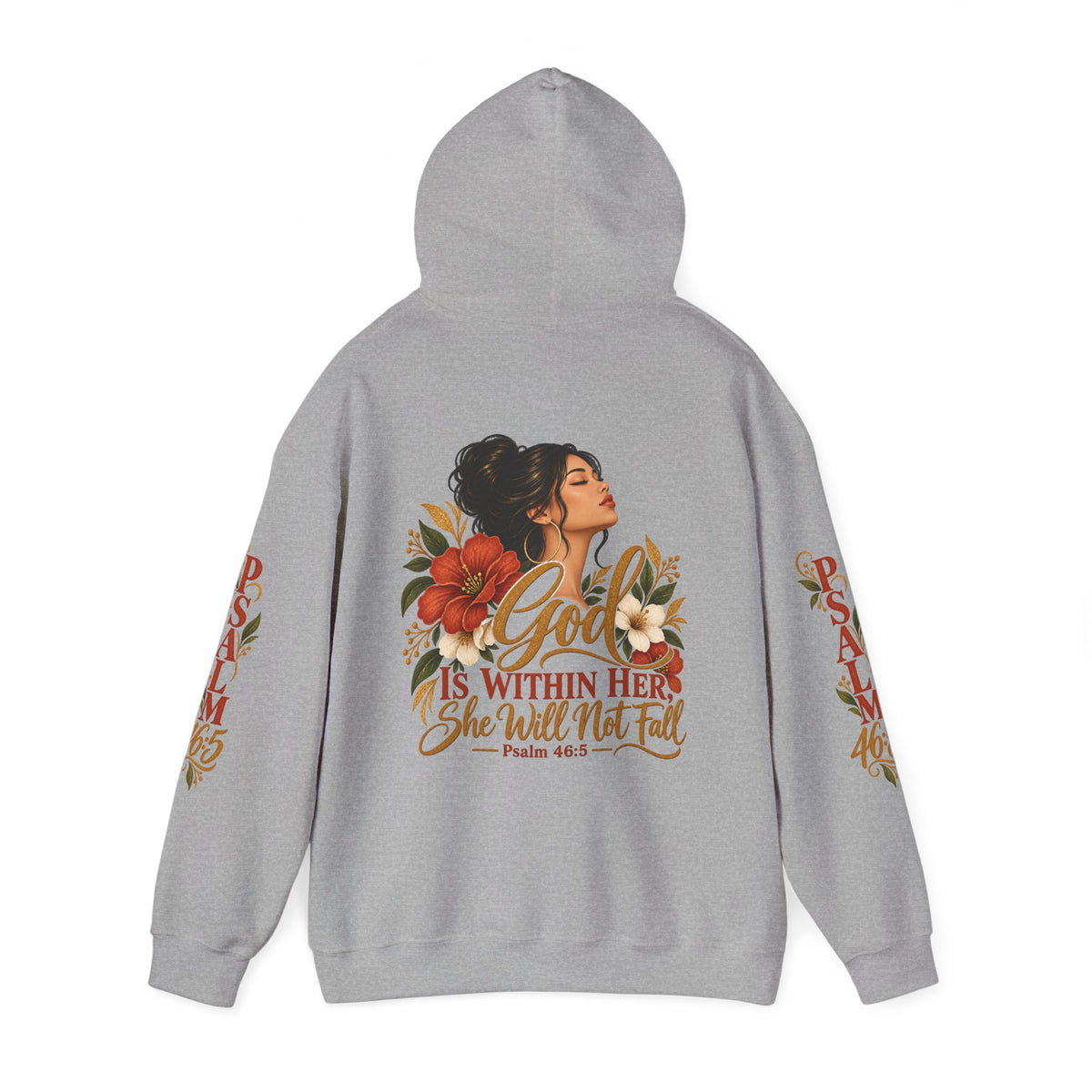 Copy of Brunette Woman Psalm 46:5 'She Will Not Fall' Hoodie – Floral Faith Women’s Pullover