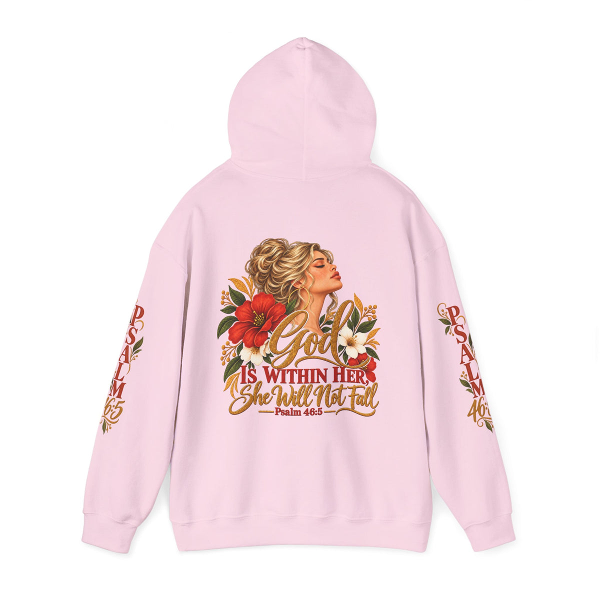 Blonde Woman Psalm 46:5 'She Will Not Fall' Hoodie – Floral Faith Women’s Pullover