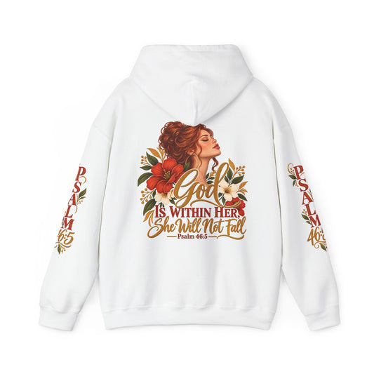 Auburn Woman Psalm 46:5 'She Will Not Fall' Hoodie – Floral Faith Women’s Pullover