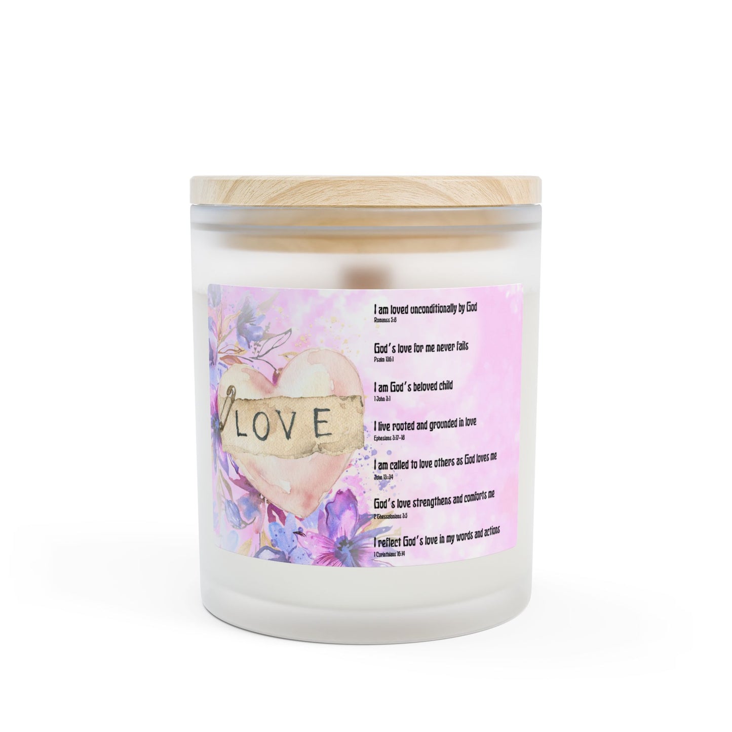 Love Affirmation with Scripture References Cinnamon Chai Candle — Frosted Glass 11oz (Biblical Affirmations, Watercolor Flowers)