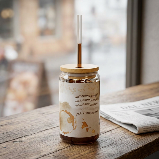 Rise, Grind, Repeat Sipper Glass, 16oz - Cute Tea Lover Tumbler with Straw