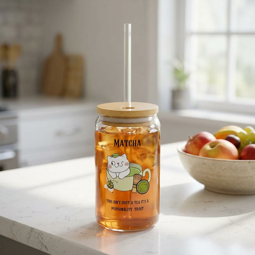 Matcha Cat Sipper Glass, 16oz - Cute Tea Lover Tumbler with Straw
