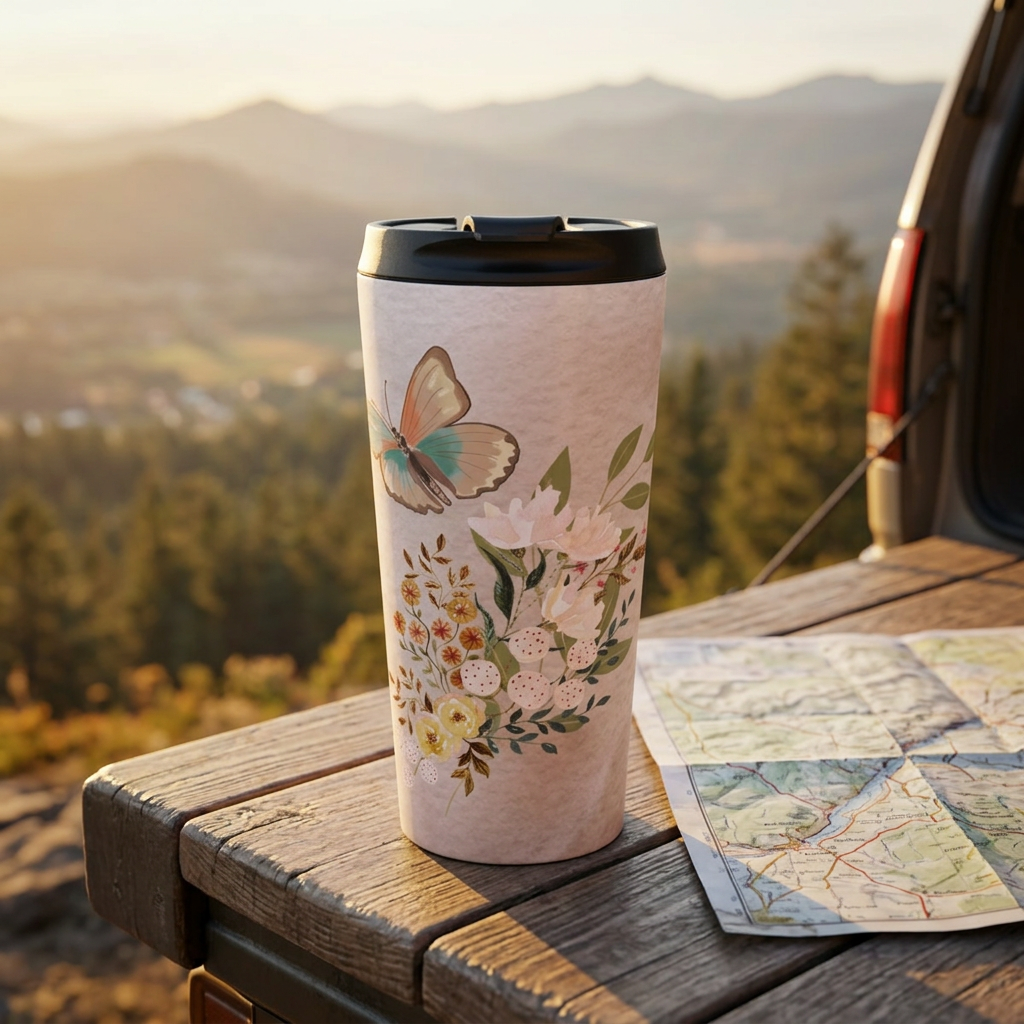 Flowers and Butterfly Stainless Steel Travel Mug