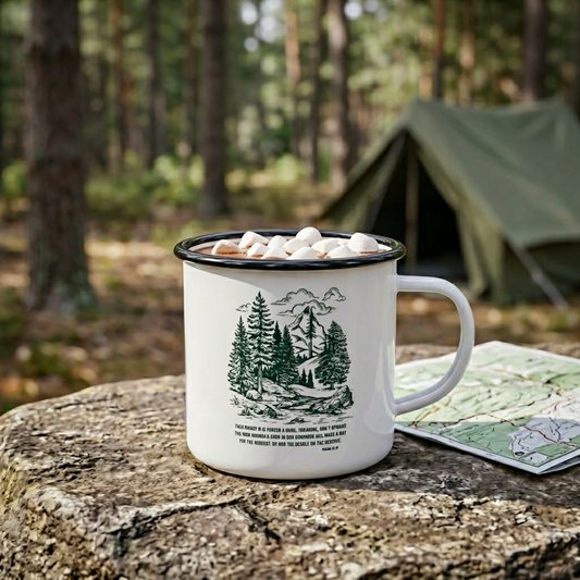 Isaiah 43:19 Adventure-Inspired Enamel Camp Cup with Nature Print