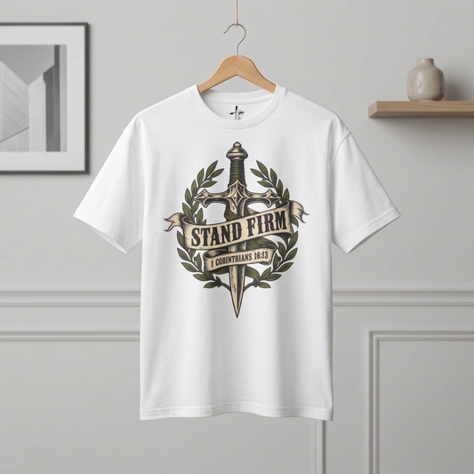 Stand Firm Sword Tee — Christian Faith Graphic T-Shirt (1 Corinthians 16:13)