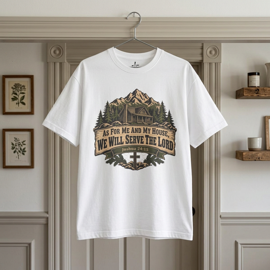 Christian Mountain Tee — "As For Me and My House, We Will Serve the Lord"