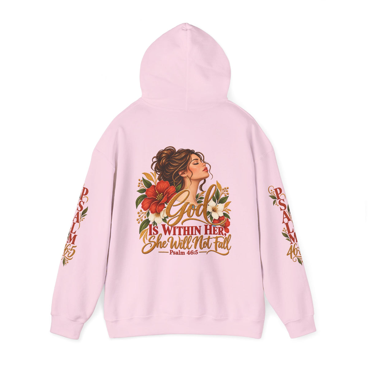 Brunette Woman Psalm 46:5 'She Will Not Fall' Hoodie – Floral Faith Women’s Pullover