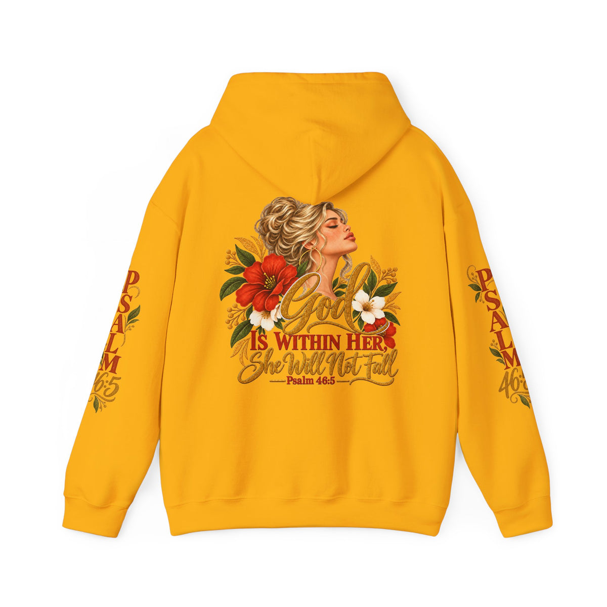 Blonde Woman Psalm 46:5 'She Will Not Fall' Hoodie – Floral Faith Women’s Pullover