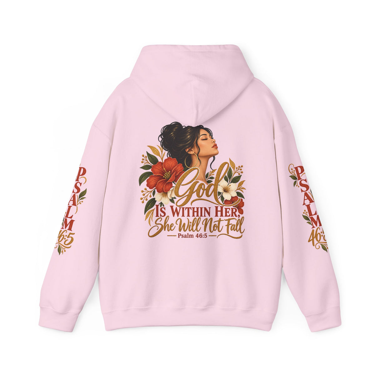 Copy of Brunette Woman Psalm 46:5 'She Will Not Fall' Hoodie – Floral Faith Women’s Pullover