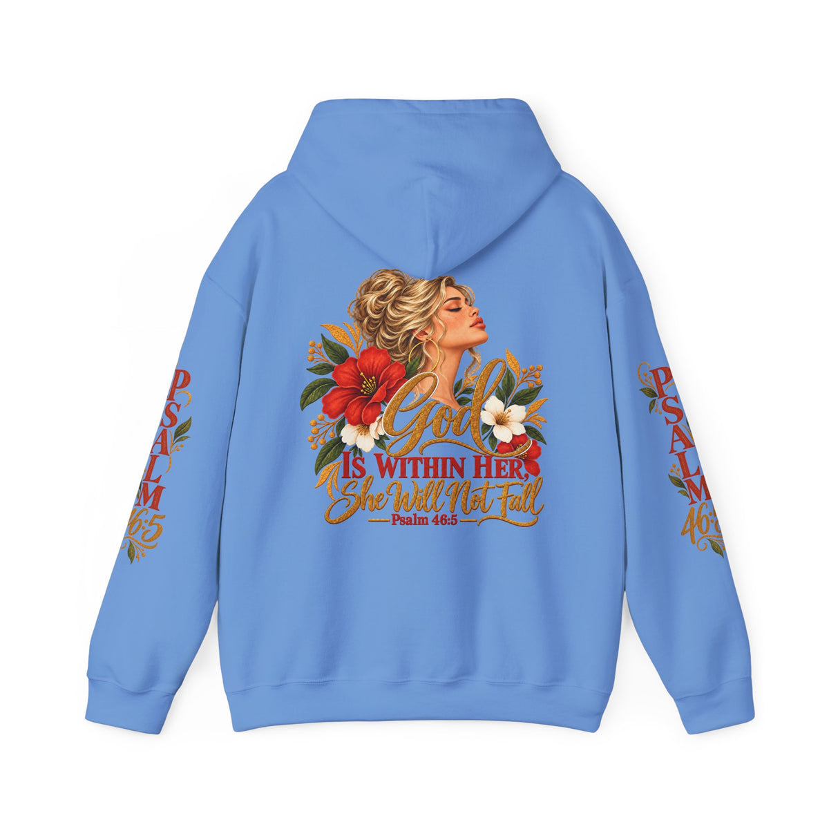 Blonde Woman Psalm 46:5 'She Will Not Fall' Hoodie – Floral Faith Women’s Pullover