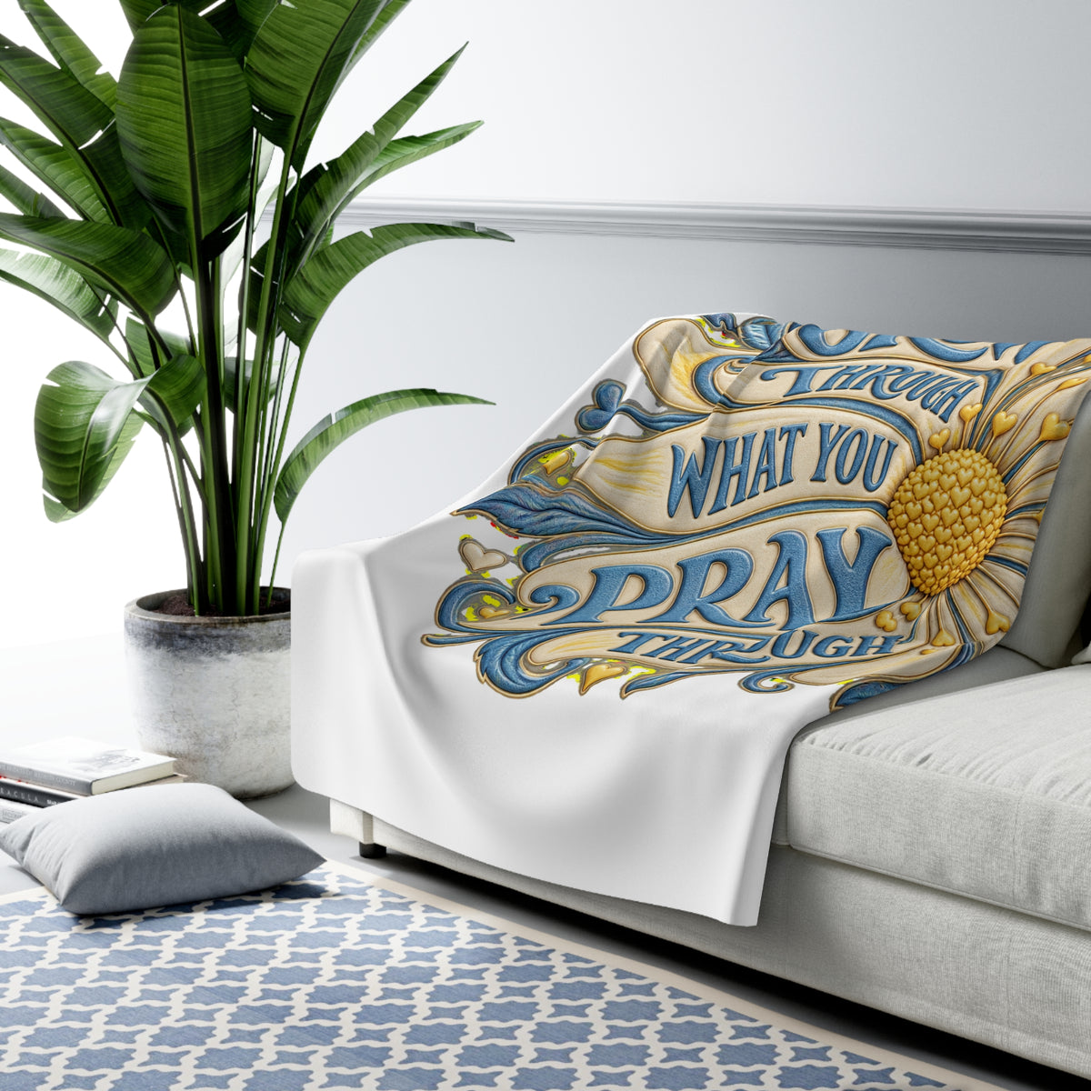 Sherpa Fleece Blanket — “Grow Through What You Pray Through” Floral Inspirational Throw