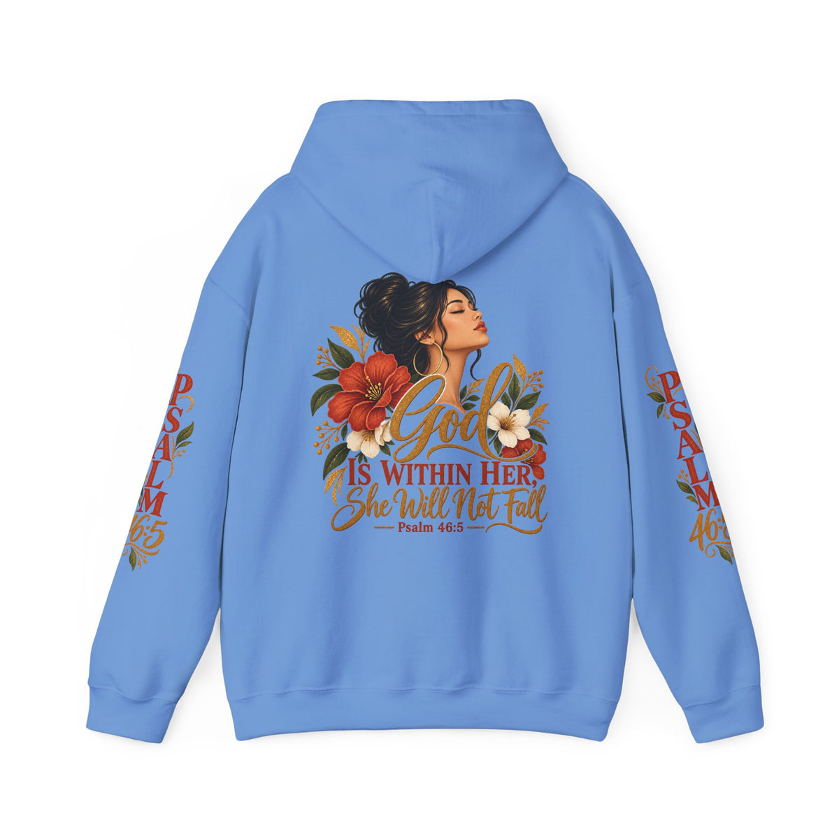 Copy of Brunette Woman Psalm 46:5 'She Will Not Fall' Hoodie – Floral Faith Women’s Pullover