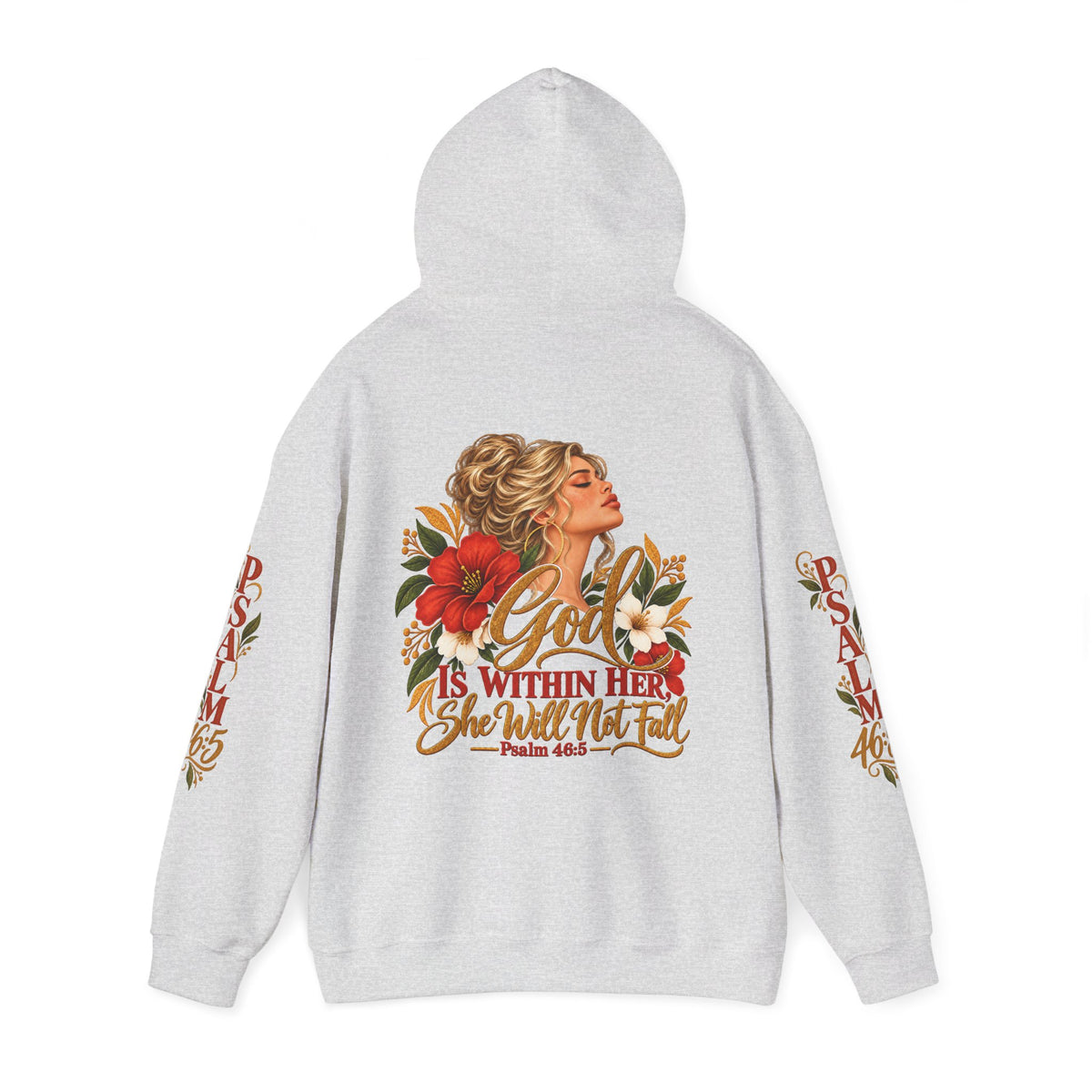 Blonde Woman Psalm 46:5 'She Will Not Fall' Hoodie – Floral Faith Women’s Pullover
